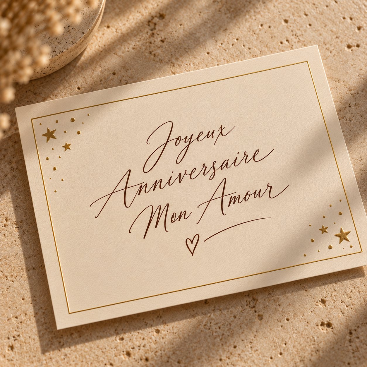 Carte d'anniversaire écrite à la main, bordure dorée et étoiles